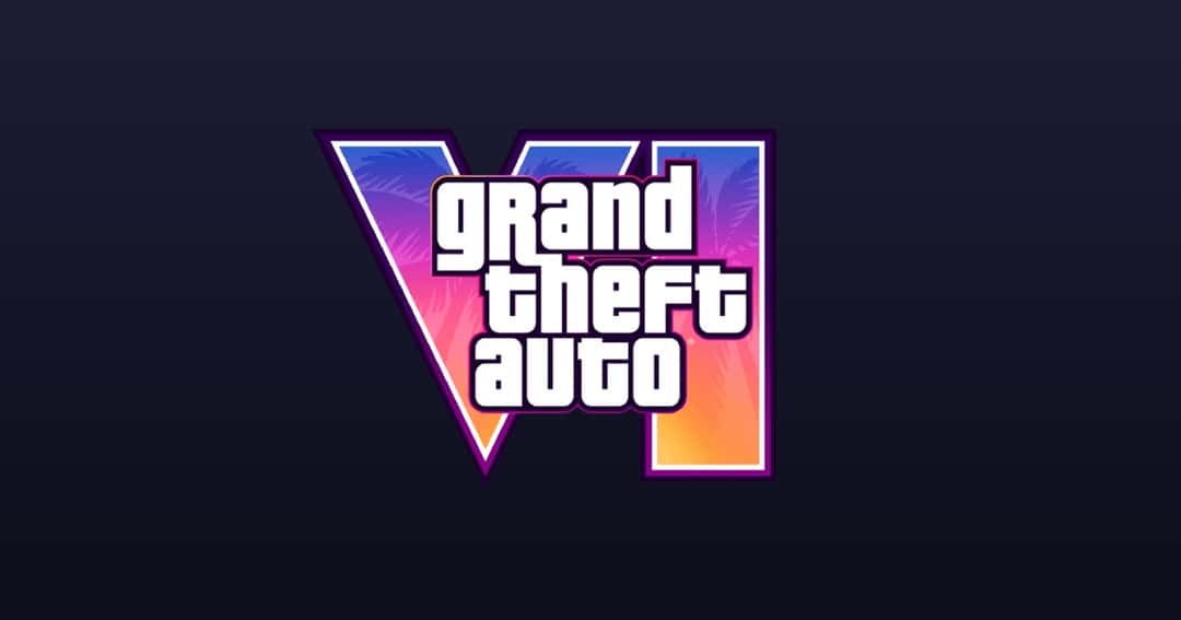 Logo oficial de Grand Theft Auto VI: el número romano VI con degradé violeta, rosa y naranja y palmeras, con las palabras 