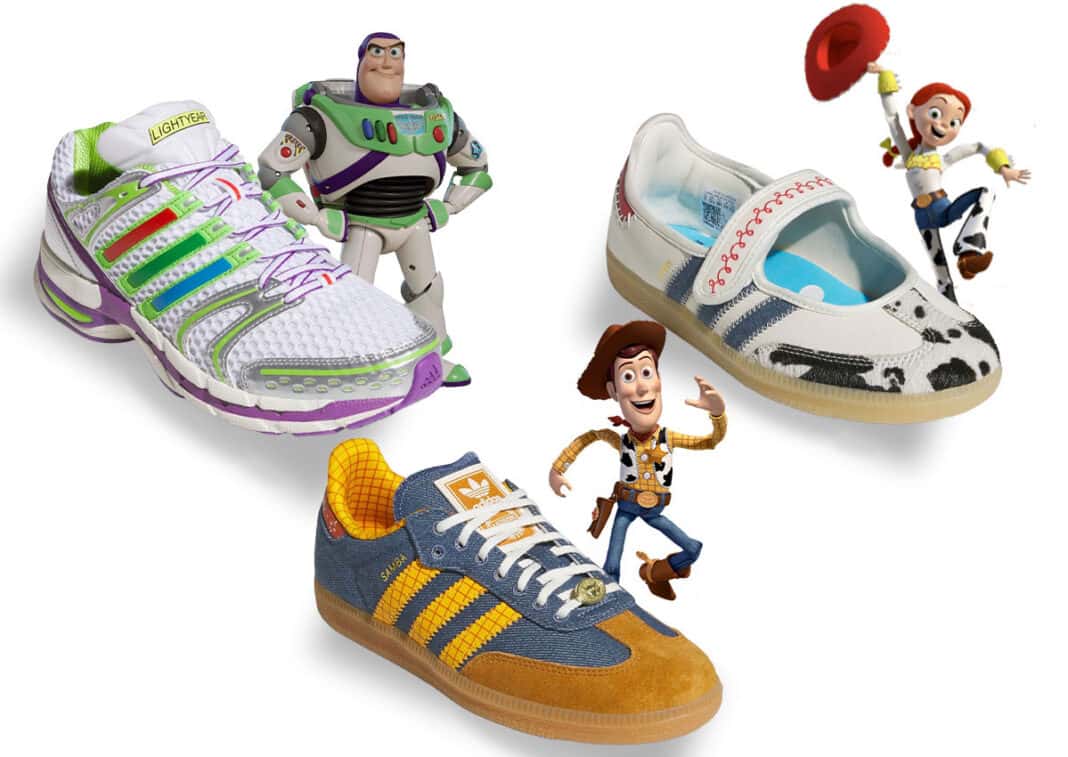 Colección Adidas x Toy Story 5 mostrando los tres modelos Samba Woody, Samba Jane Jessie y Adistar Buzz Lightyear