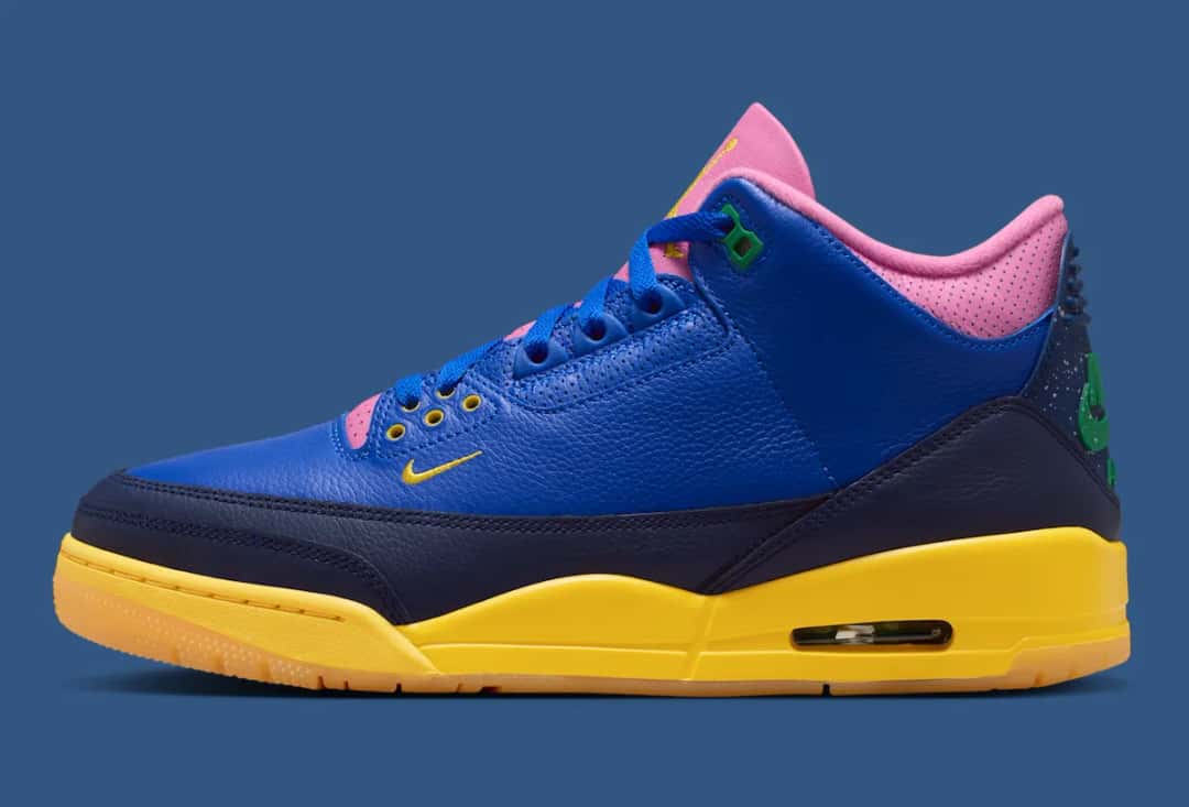 Vista detallada del Air Jordan 3 Brazil mostrando la paleta de colores