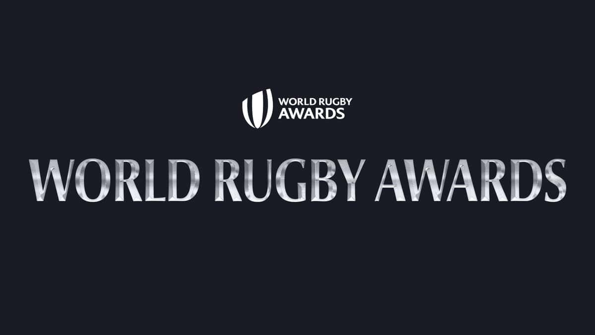 Placa oficial de los World Rugby Awards, con el logo y el nombre de los premios en letras plateadas sobre un fondo azul oscuro