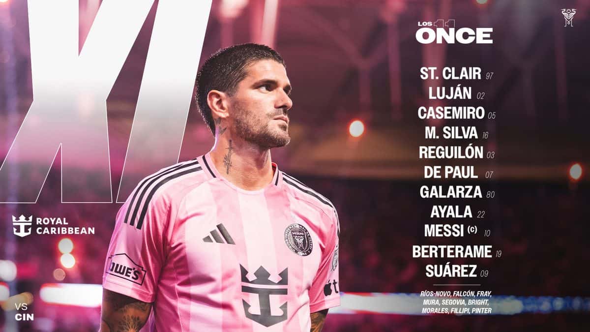 Placa oficial del Inter Miami con la formación titular para el partido con FC Cincinnati, con Rodrigo De Paul con la camiseta rosa del club (imagen: prensa Inter Miami CF)