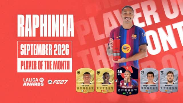 Placa oficial de LaLiga con Raphinha como Jugador del Mes de septiembre de 2026 y los otros nominados