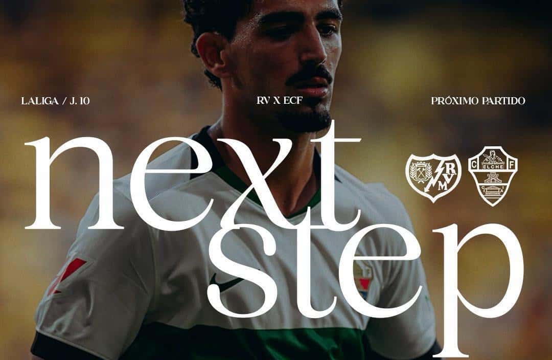 Placa oficial del Elche para el partido con el Rayo Vallecano por la fecha 10 de LaLiga, con un jugador del equipo con la camiseta blanca y verde (imagen: Elche CF)