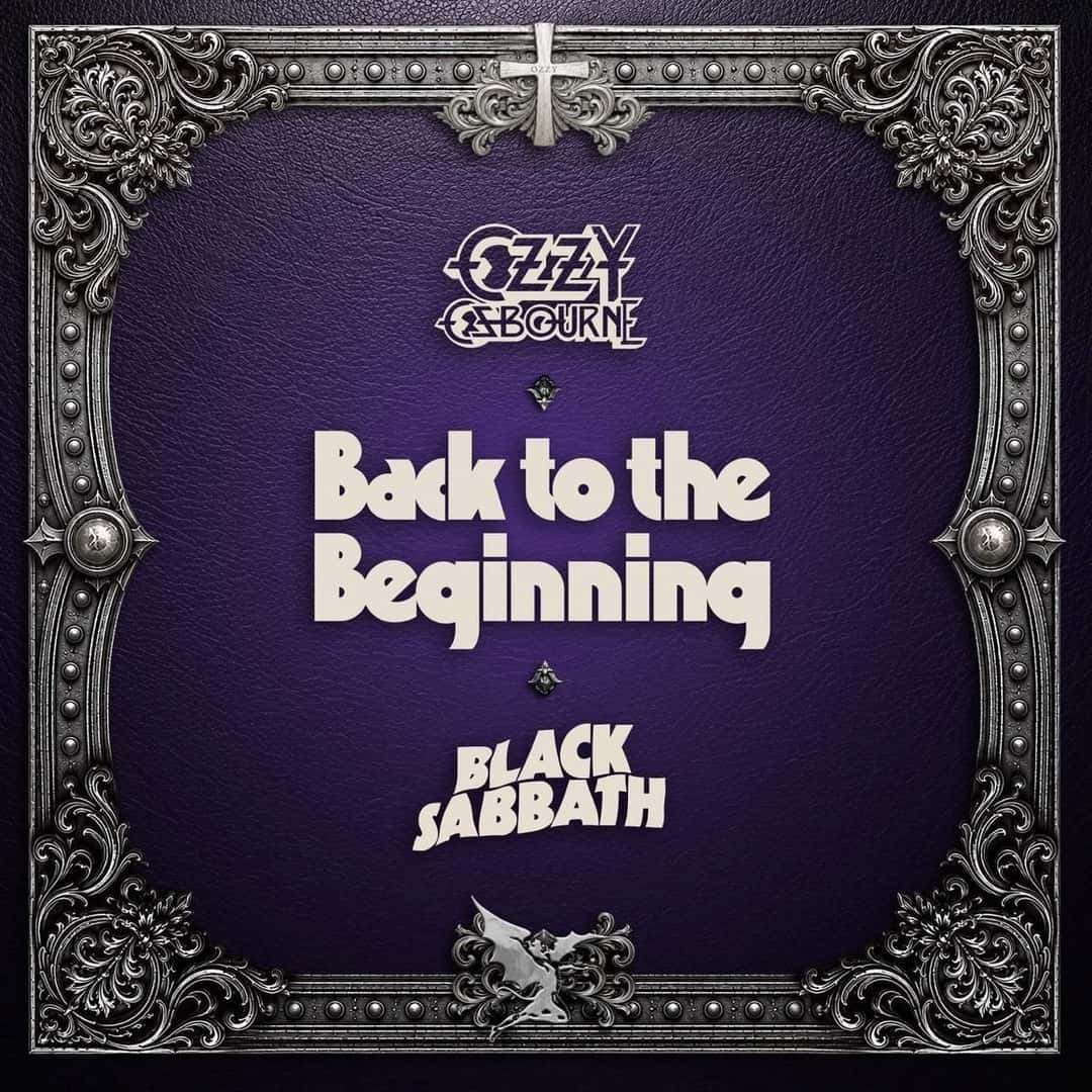 Arte oficial de «Back to the Beginning»: los logos de Ozzy Osbourne y Black Sabbath y el título en letras blancas sobre un fondo de cuero violeta, dentro de un marco plateado ornamentado con una cruz arriba