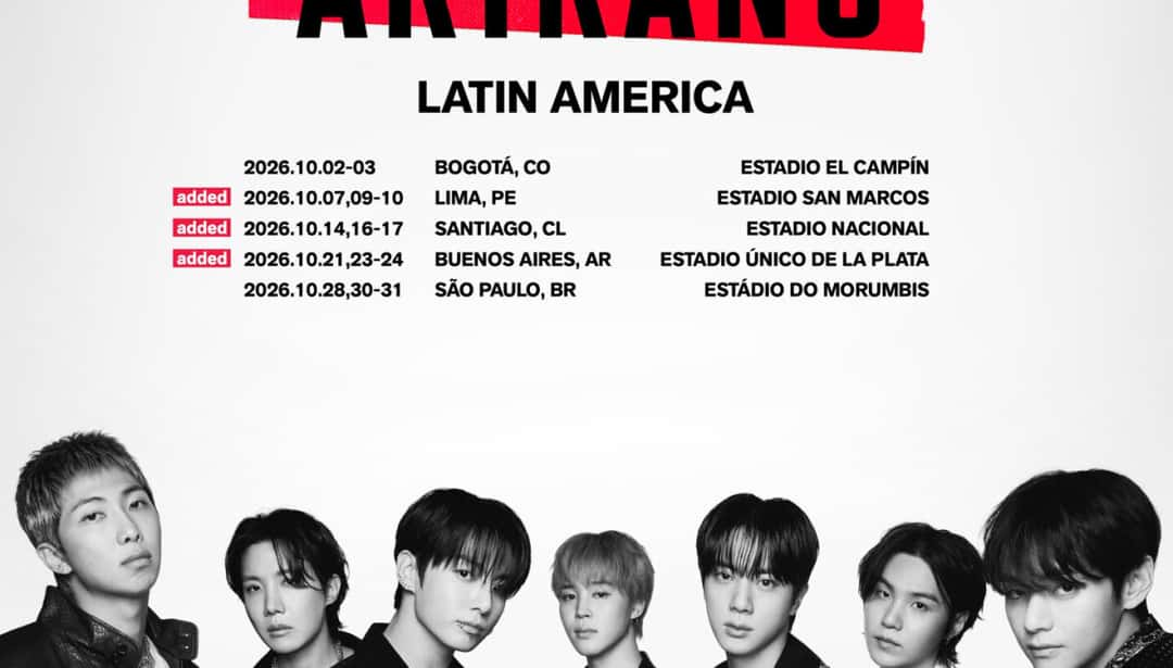 Afiche oficial de la etapa latinoamericana de la gira ARIRANG de BTS con las fechas de Bogotá, Lima, Santiago, Buenos Aires y São Paulo y los siete integrantes en blanco y negro