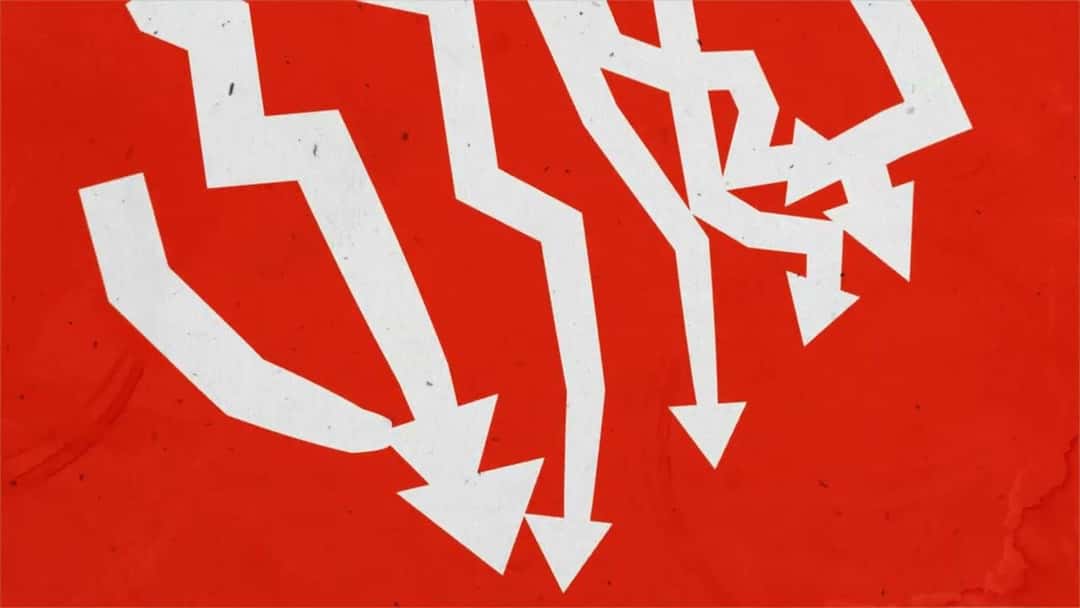 Flechas blancas con forma de rayo que apuntan hacia abajo sobre un fondo rojo, en una imagen del visualizer oficial de «Evangelizer»