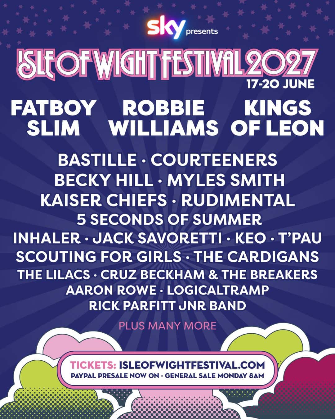 Afiche oficial del Isle of Wight Festival 2027, del 17 al 20 de junio: Fatboy Slim, Robbie Williams y Kings of Leon arriba, y abajo Bastille, Courteeners, Becky Hill, Myles Smith, Kaiser Chiefs, Rudimental y 5 Seconds of Summer, entre otros, sobre fondo azul con nubes de colores
