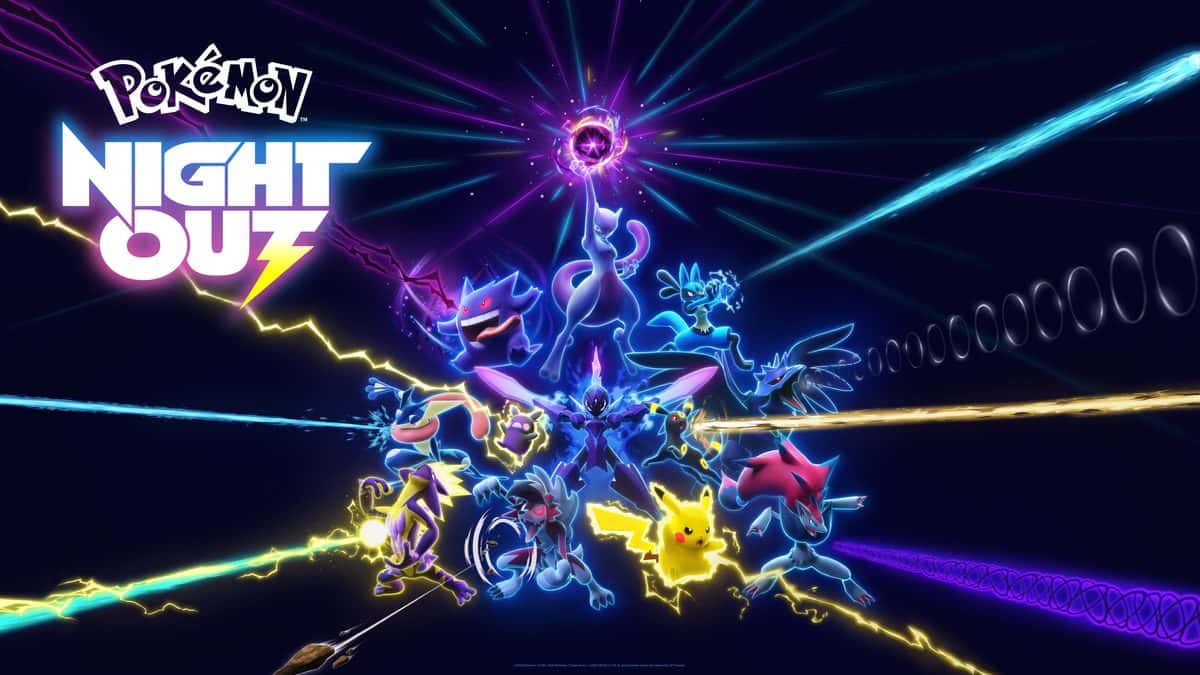Afiche oficial de Pokémon Night Out: Mewtwo, Pikachu, Gengar, Lucario y otros Pokémon entre rayos de luz de colores sobre fondo oscuro, junto al logo del evento