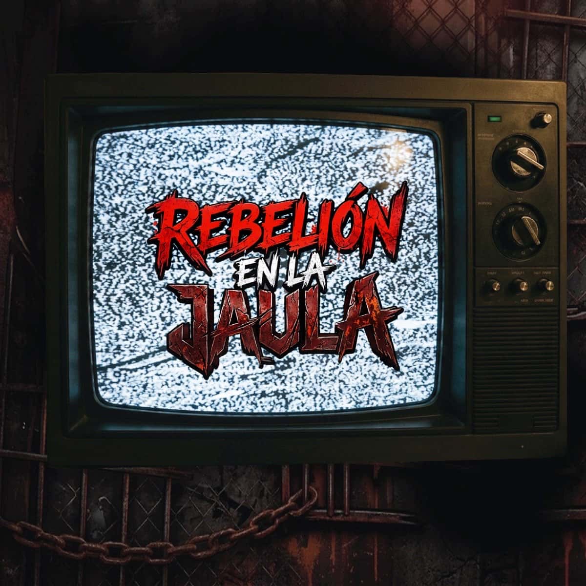 Portada oficial del single "Rebelión en la jaula" de Skay Beilinson: un televisor antiguo con la pantalla llena de estática y el título en letras rojas, frente a una reja con una cadena oxidada