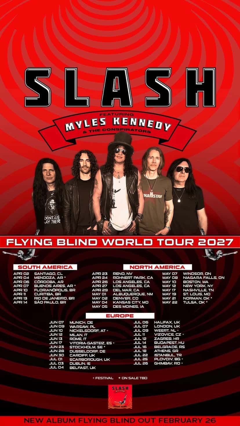 Afiche oficial del Flying Blind World Tour 2027 con la banda en primer plano y las fechas de Sudamérica, Norteamérica y Europa