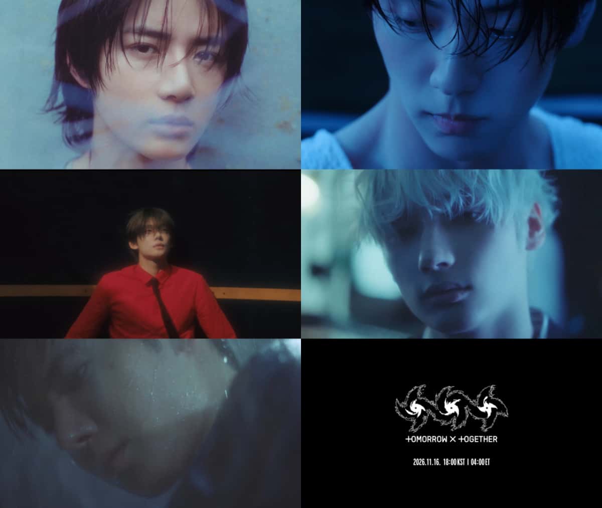 Afiche oficial del tráiler de «PERFECT STORM»: cinco recortes de los integrantes de TOMORROW X TOGETHER en tonos azules y rojos, y el logo del grupo con la fecha 2026.11.16 18:00 KST