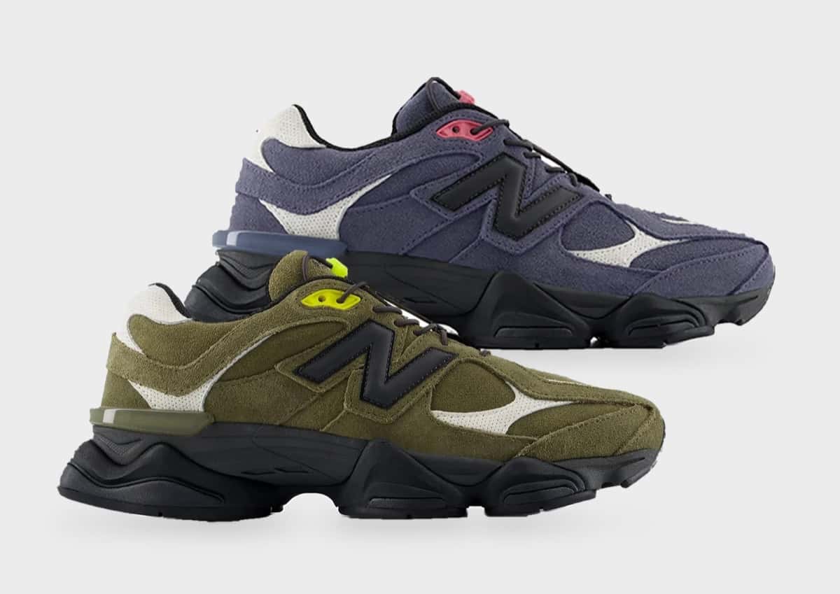 Dos New Balance 9060 Trail sobre fondo gris claro: adelante el verde oliva de gamuza con la N negra, detalles blancos y traba de cordones verde flúor; atrás el violeta oscuro con detalles rosas, los dos sobre la suela negra y ondulada del 9060