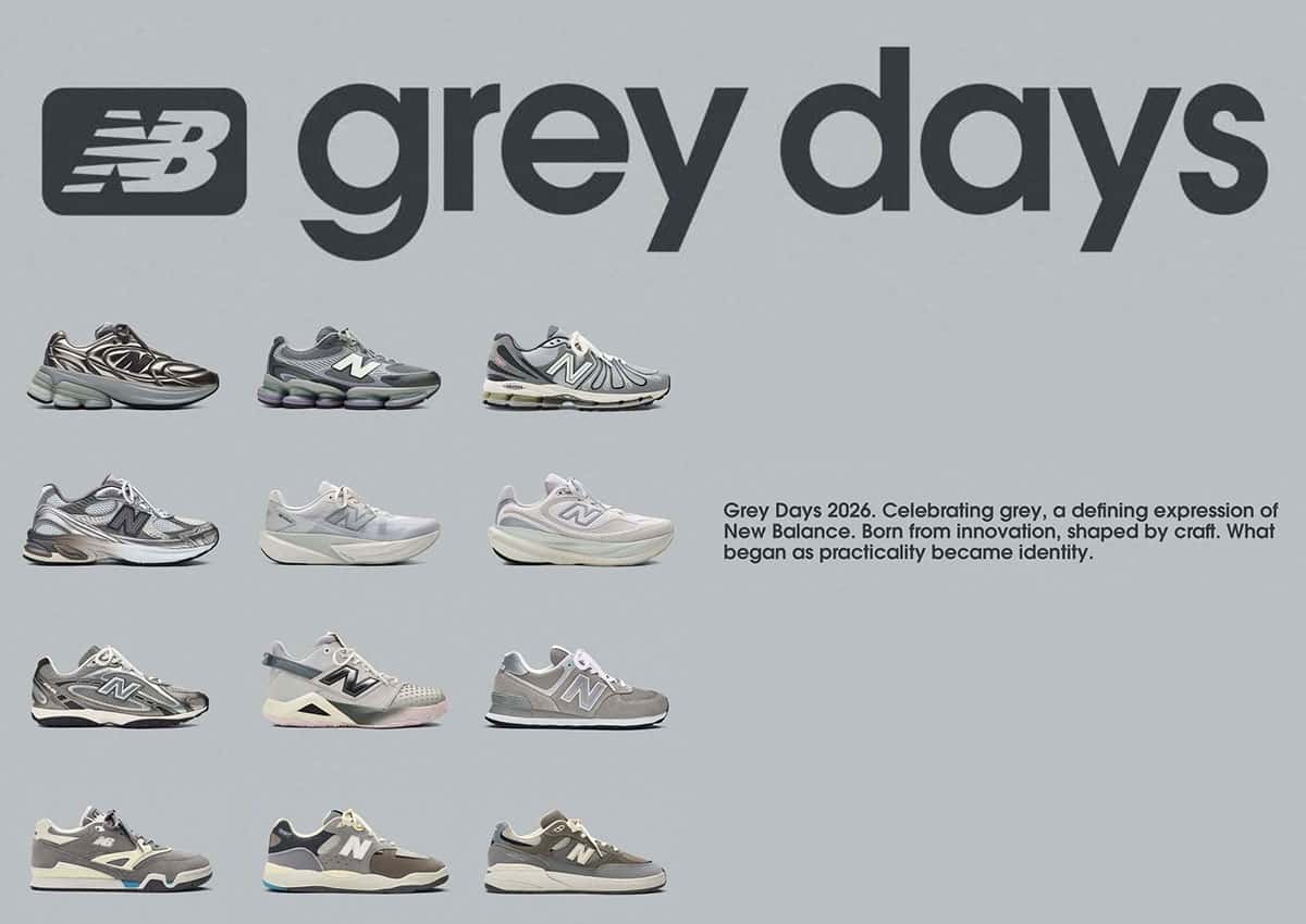 Colección New Balance Grey Days 2026 con múltiples modelos en tonos grises