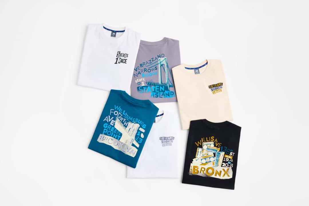 Remeras estampadas de la colección del Maratón de Nueva York 2026 de New Balance, con gráficos de Nueva York y una con la palabra Bronx