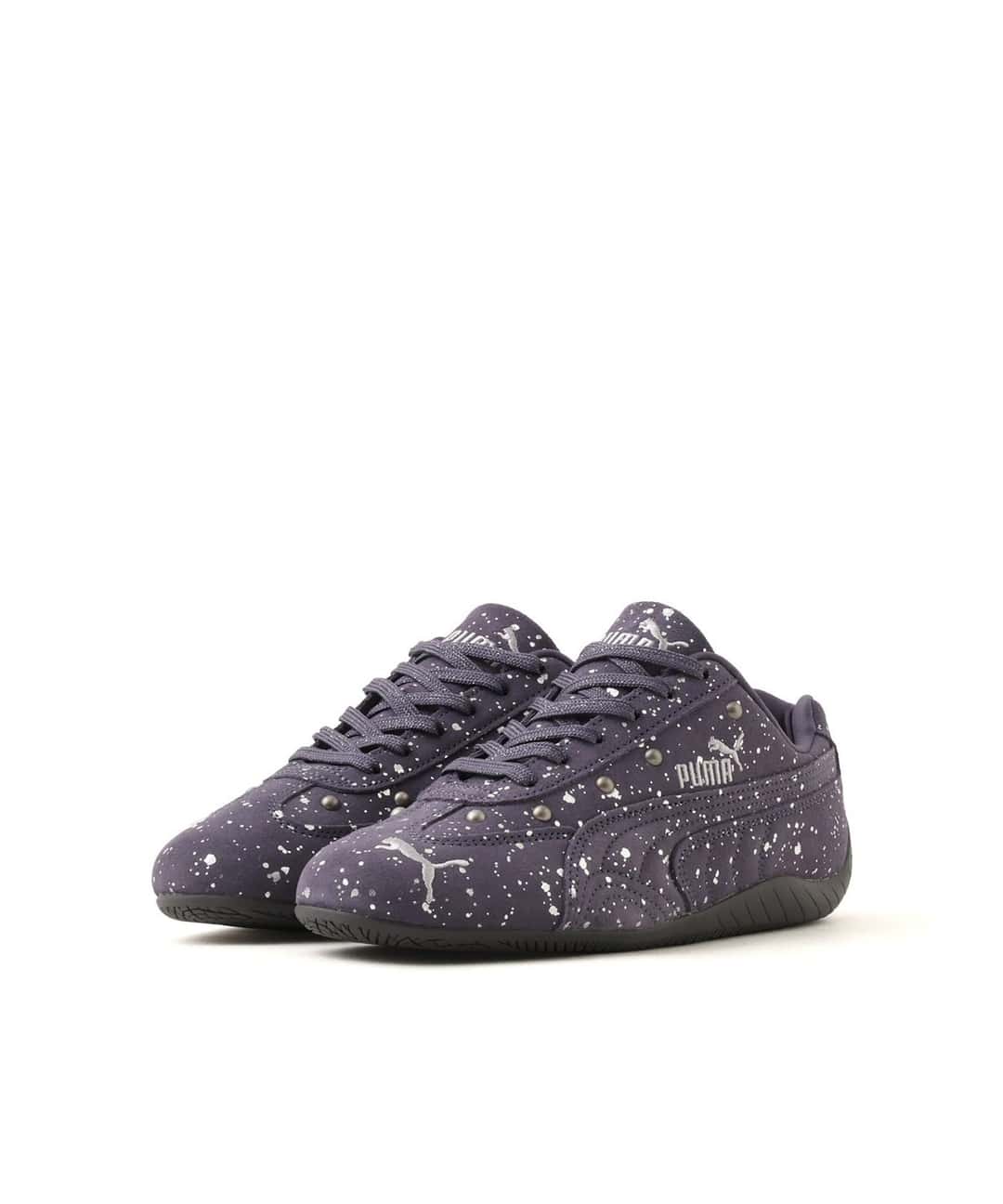 PUMA Speedcat atmos pink Mirror Ball en azul marino con salpicado de glitter plateado, de perfil sobre fondo blanco
