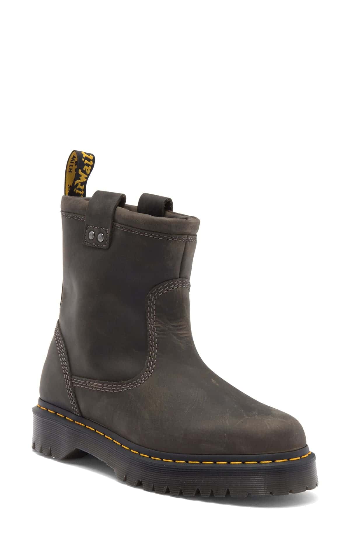 Bota Dr. Martens Anistone Lo sin agujetas en piel encerada gris carbón con costura amarilla y suela dentada