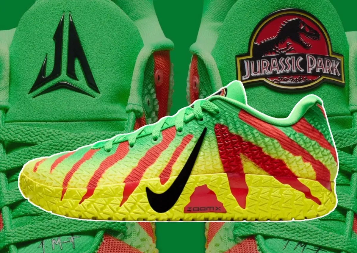 Jurassic Park x Nike Ja 3 Explorer en colorway Green Spark/Dynamic Yellow